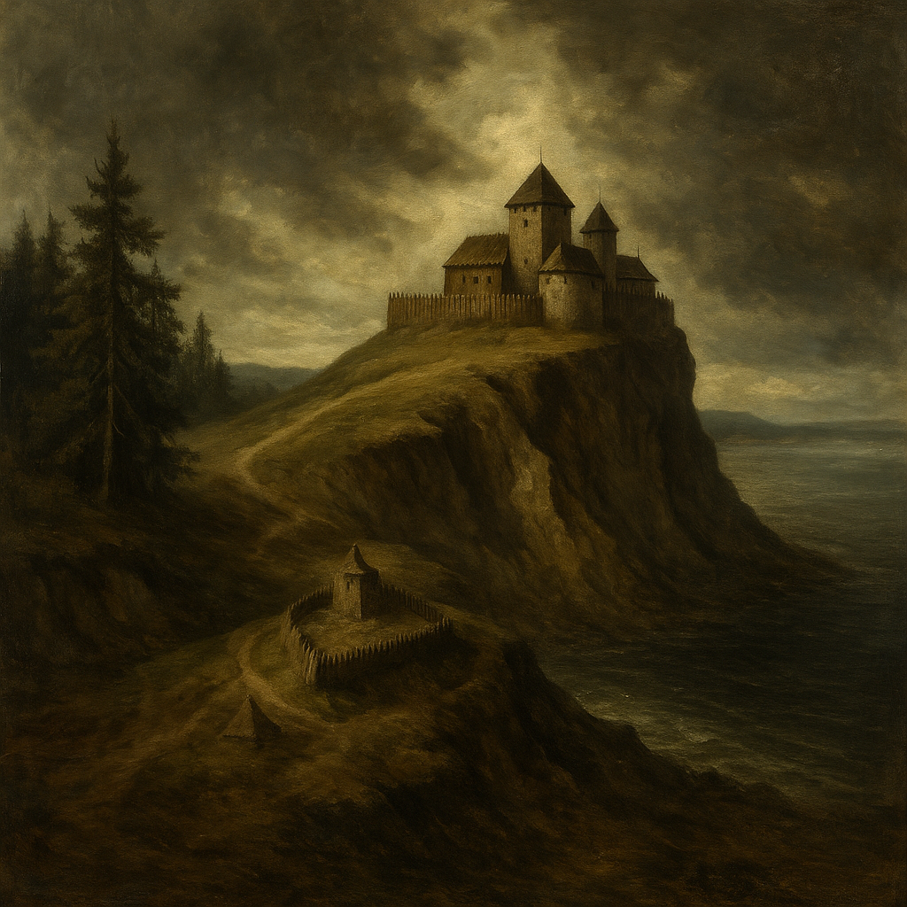 Imagined plan and earthworks of Connowedit: ridge, palisaded knoll, and outworks