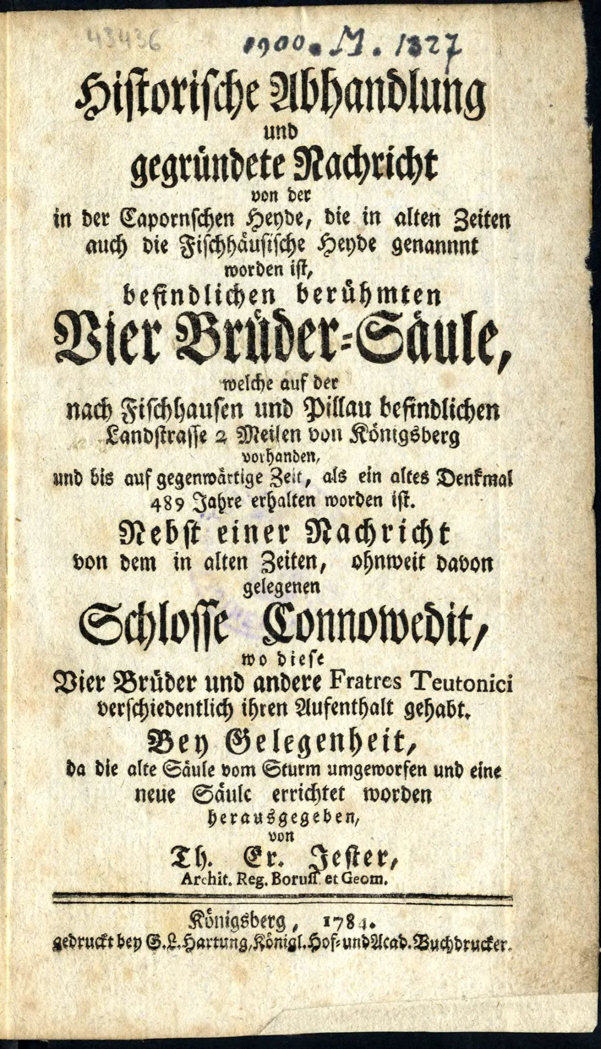 Title page of Theodor Ernst Jester's 1784 pamphlet on the Vierbrüdersäule and Schloss Connowedit
