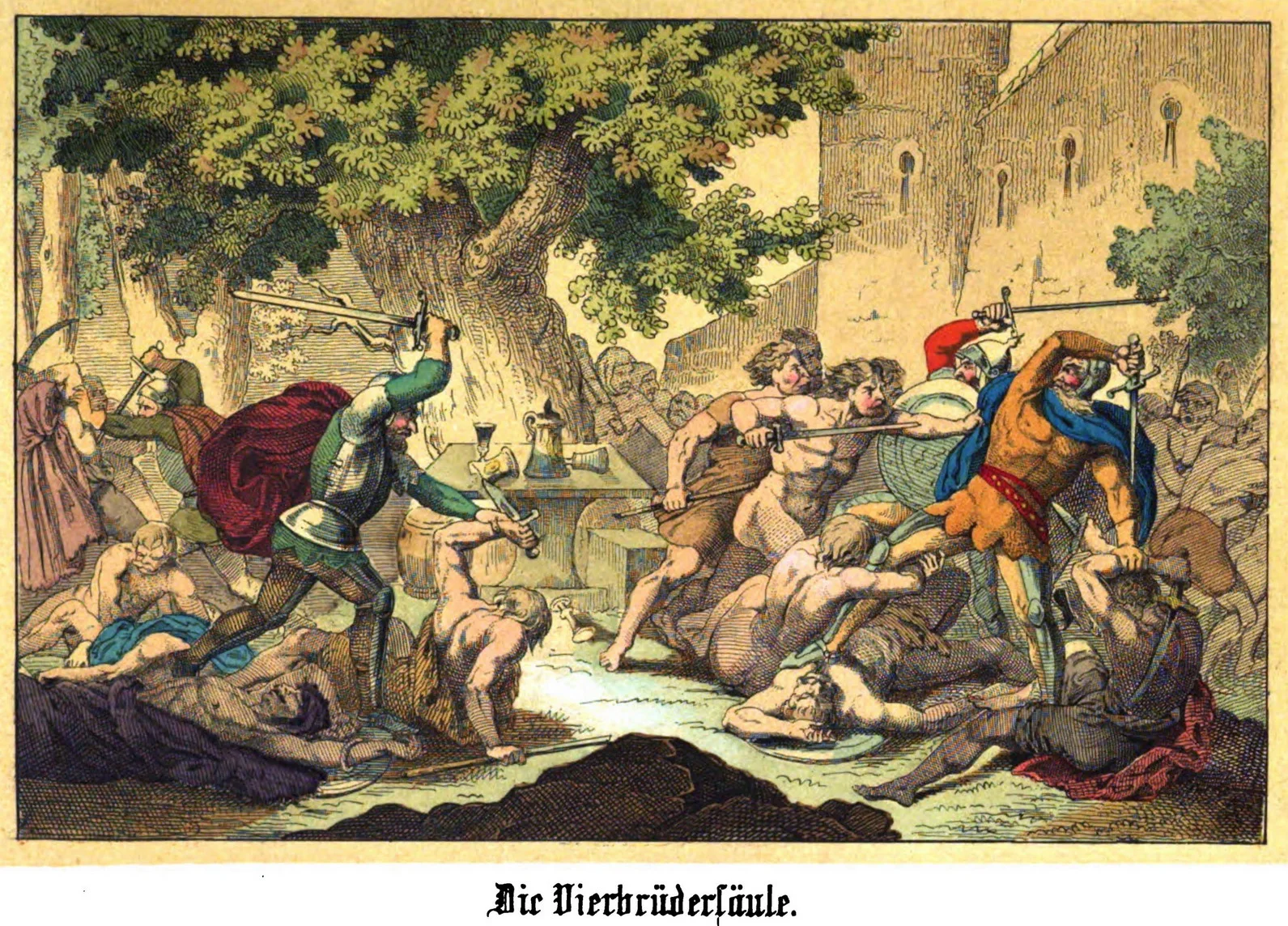 Coloured 1853 illustration of the legendary ambush of the four brothers outside a castle