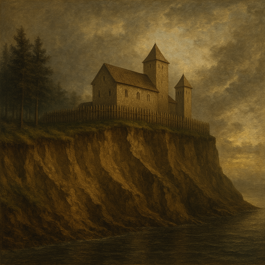 Waterside elevation of Connowedit with steep Haff-facing cliff and erosion